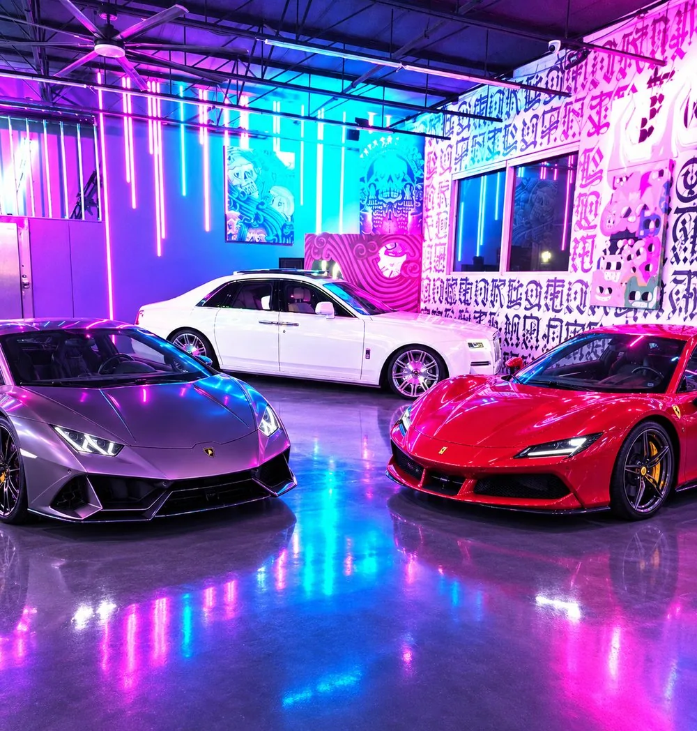 A white Rolls-Royce Ghost under neon light in the AutoVault facility