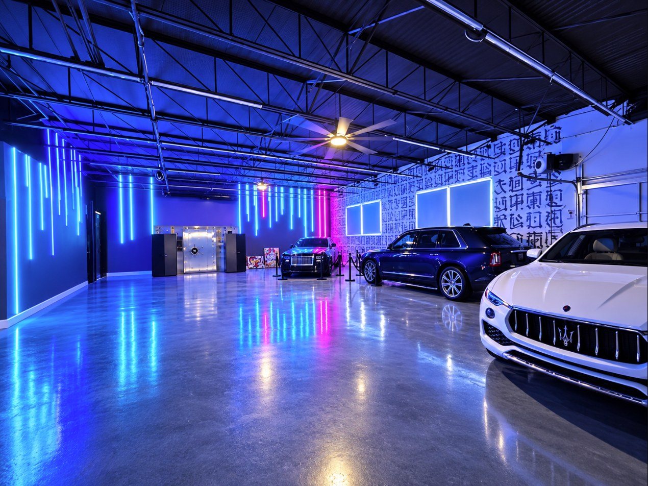 A showroom under blue and pink neon light, with a black Rolls-Royce behind stanchions, a dark blue SUV and a white Maserati