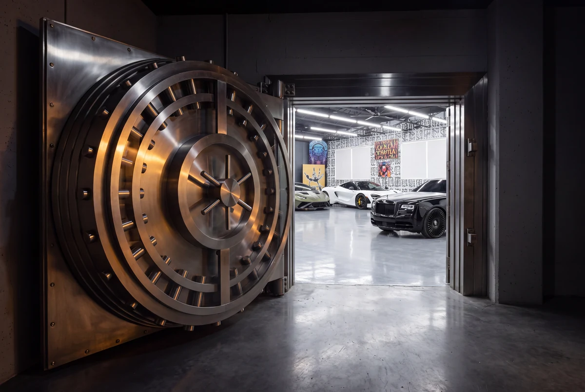 The AutoVault vault door standing open on a showroom of exotic cars